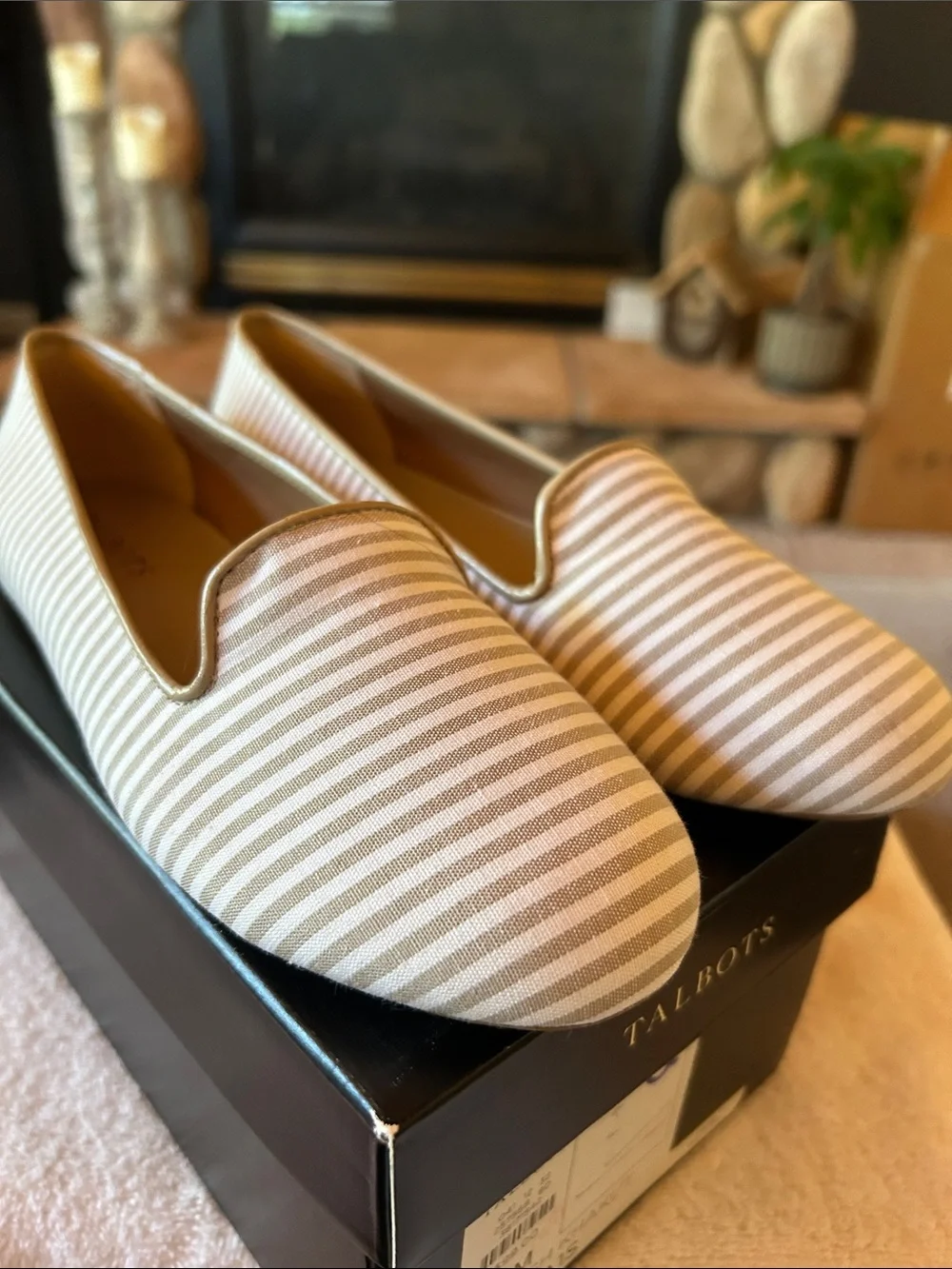 Talbots Zelda Beige and White Striped Slip-On Loafers, Size 6.5 | NWT | 257568